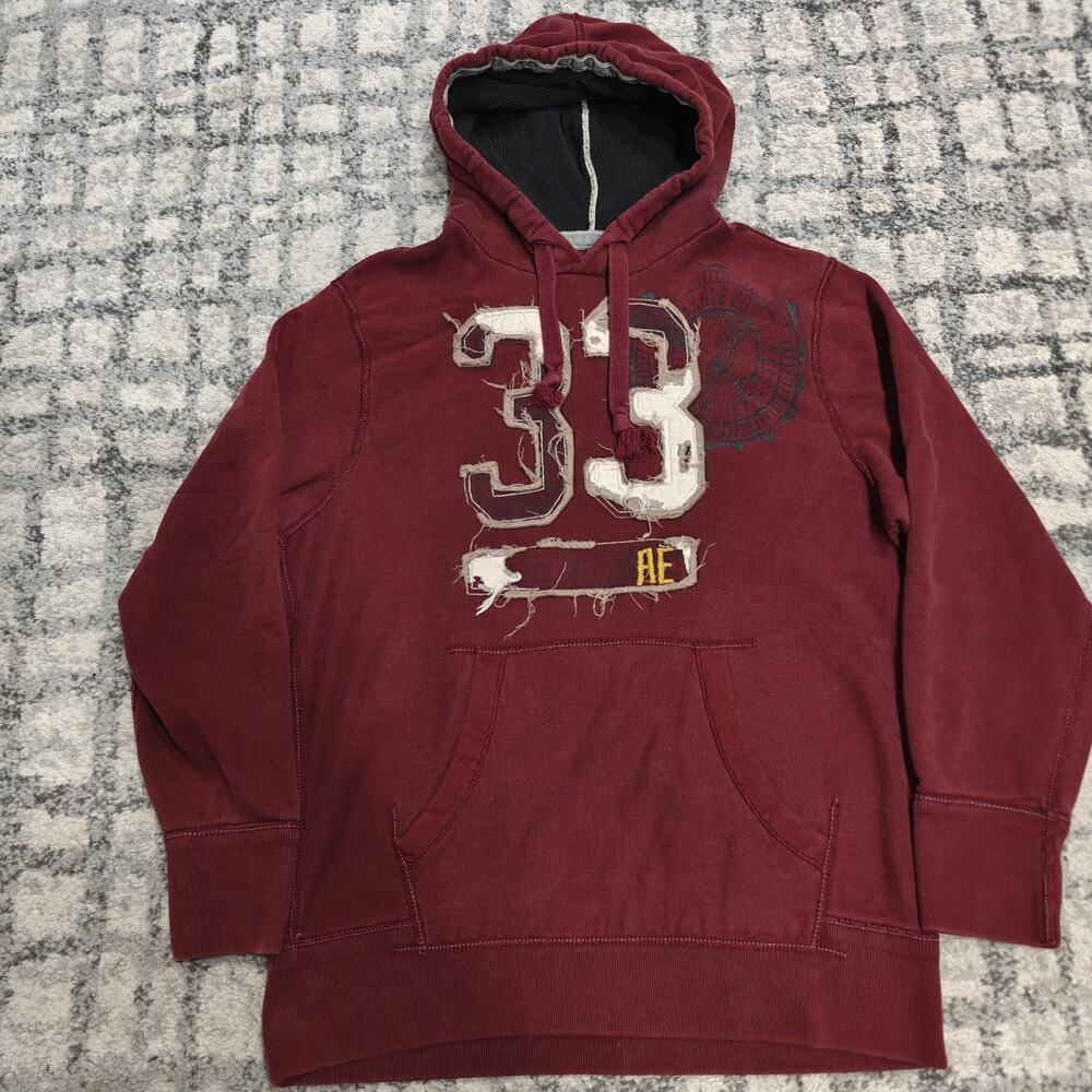 Vintage Y2K American Eagle Distressed Hoodie Mens Large Maroon Thermal Lined